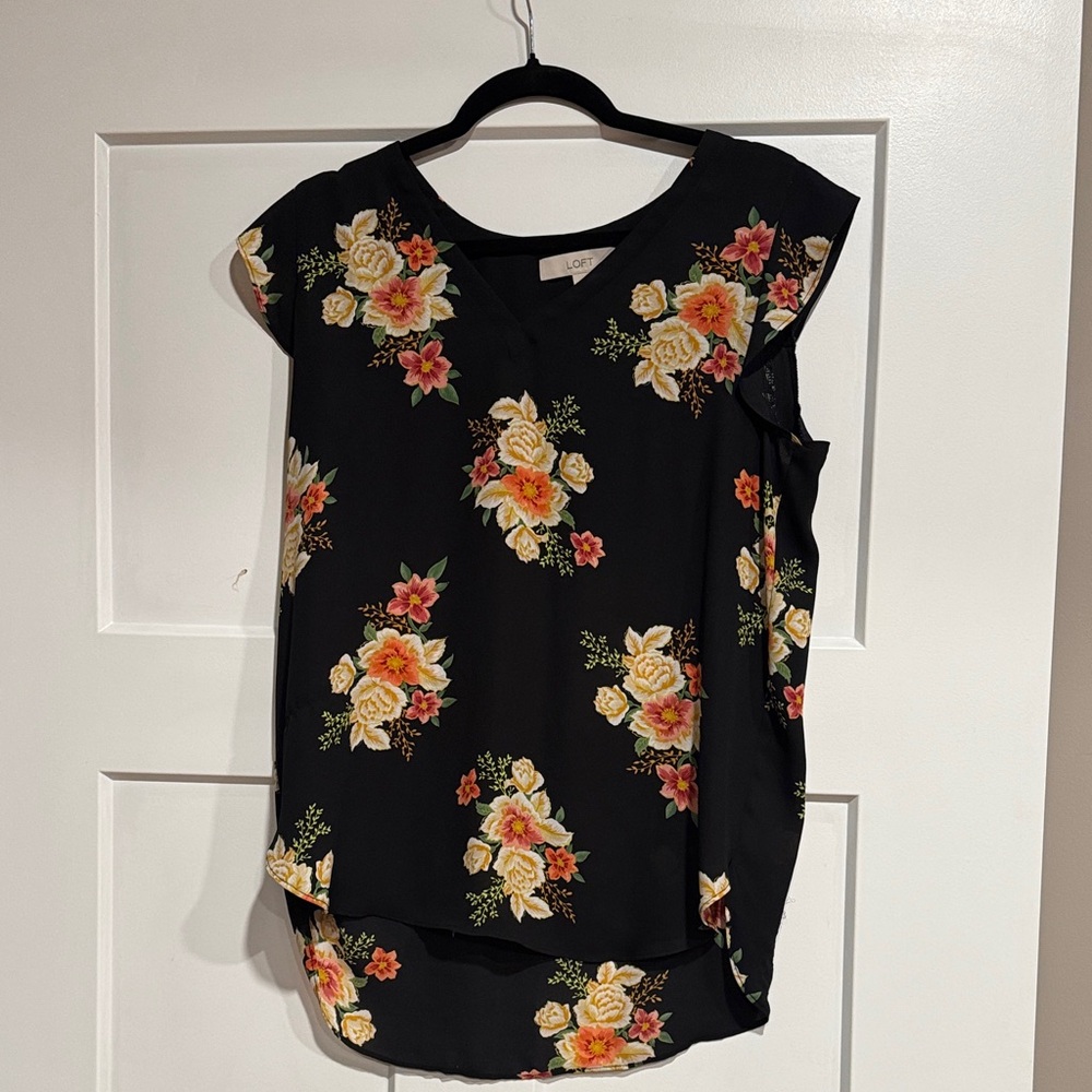 LOFT Black Blouse with Floral Design